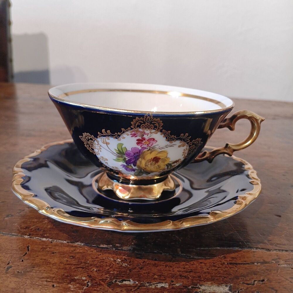 VTG Waldershof Bavaria Echt Cobalt Tea Cup & Saucer 22k Gold Handarbeit Mcm Mint